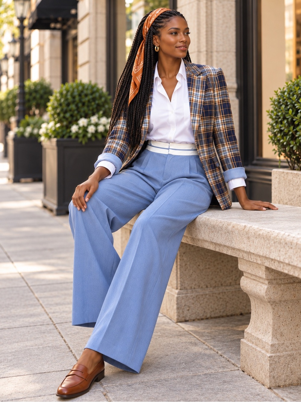 WAYF Size 8 Blue Wide-Leg Pleated High-Rise Trousers Contrast Waist